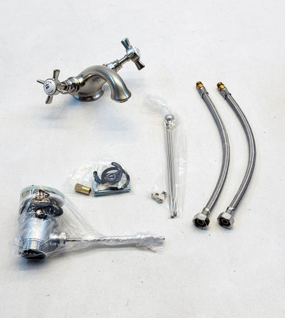 Horton & Studley 1-gats wastafelkraan met kruisgrepen en waste inrichting, mat nikkel