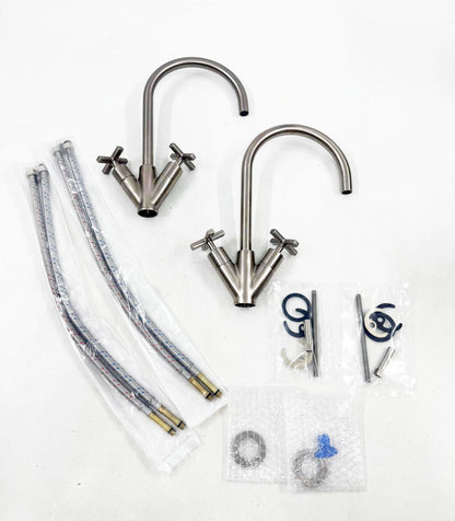 2 X Treemme Basetta Line met kruisgrepen hoge design wastafelkranen geborsteld nikkel