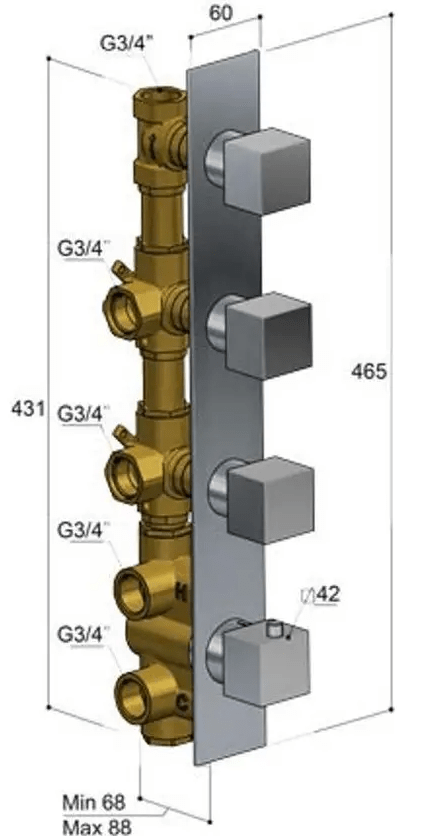 Hotbath Bloke Q050 inbouwthermostaat met 3 stopkranen geborsteld nikkel