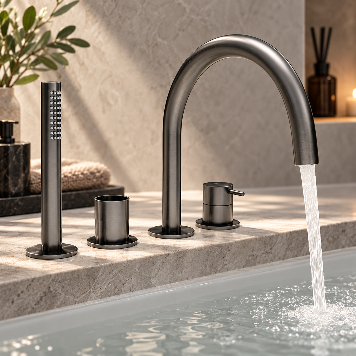 Waterevolution Flow 4-gats Badkraan voor Badrandmontage volledig PVD Gun Metal