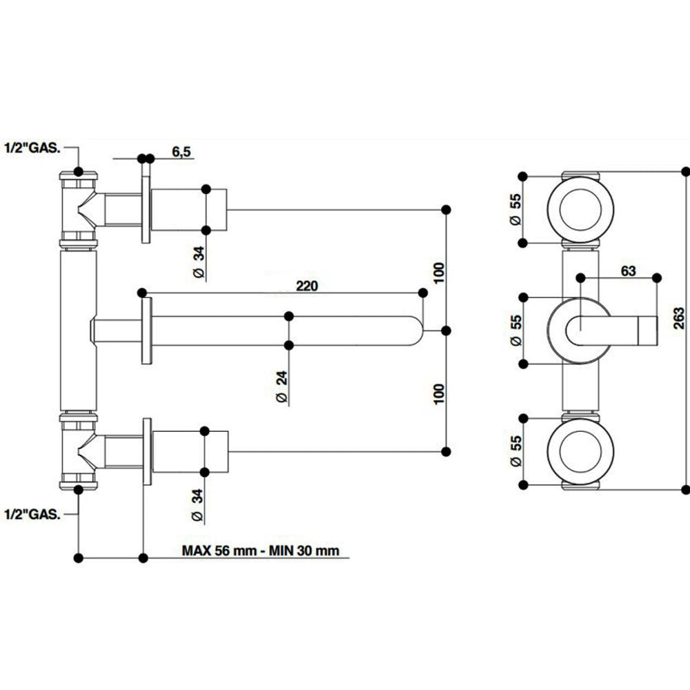 Bongio Squadra 3-gats inbouw wandmengkraan uitloop 220 mm, mat nikkel geborsteld