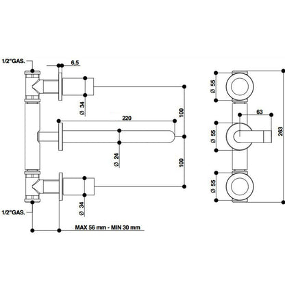 Bongio Squadra 3-gats inbouw wandmengkraan uitloop 220 mm, mat nikkel geborsteld