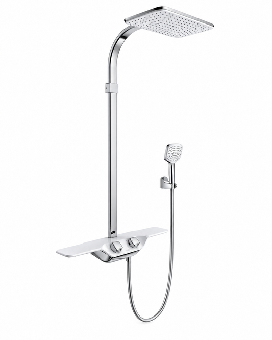 Kludi Cockpit Discovery doucheset met thermostaat en planchet, 400x260 mm, wit/chroom