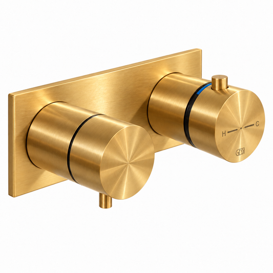 Gessi Bagno 316 inbouw thermostaat afbouwset met achterplaat en 2-weg omsteller geborsteld koper PVD