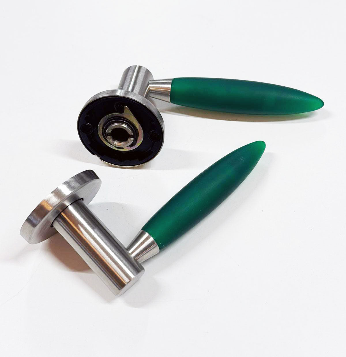 Design deurklinken – RVS met groen PVC handgreep