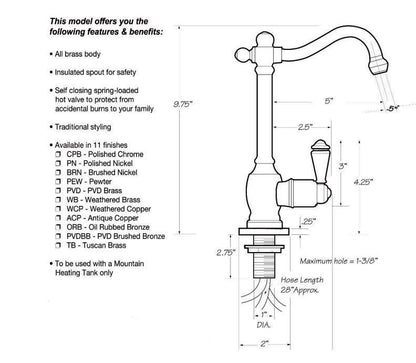 Boretti Mountain Traditional heetwater dispenser met kraan mat nikkel