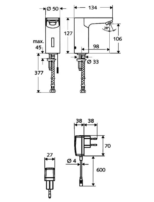 Schell Celus E elektronische wastafelkraan voorgemengd of koud water, chroom 