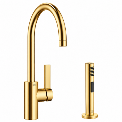 Dornbracht Tara Ultra ééngreeps keukenmengkraan met spoeldouche, geborstelde Durabrass 23Kt gouden afwerking