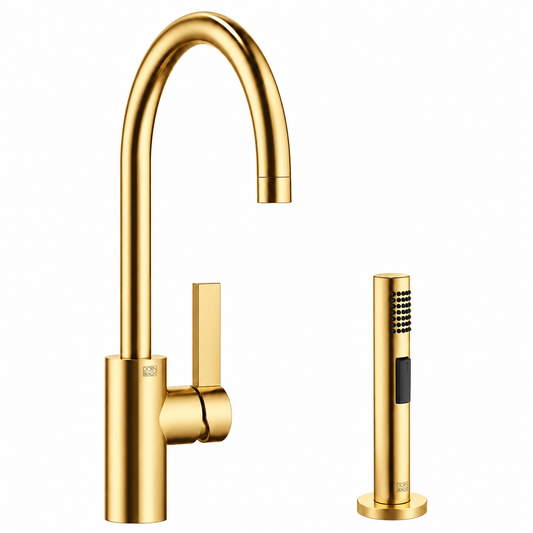 Dornbracht Tara Ultra ééngreeps keukenmengkraan met spoeldouche, geborstelde Durabrass 23Kt gouden afwerking