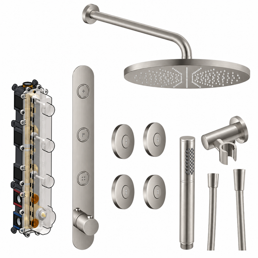 Hotbath Cobber complete inbouw Regendouche set met 3 Pushbuttons, 30 cm hoofddouche met wandbevestiging, Geborsteld nikkel