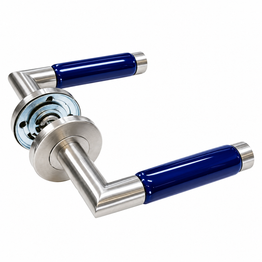 Design deurkruk RVS met blauw porseleinen handgreep