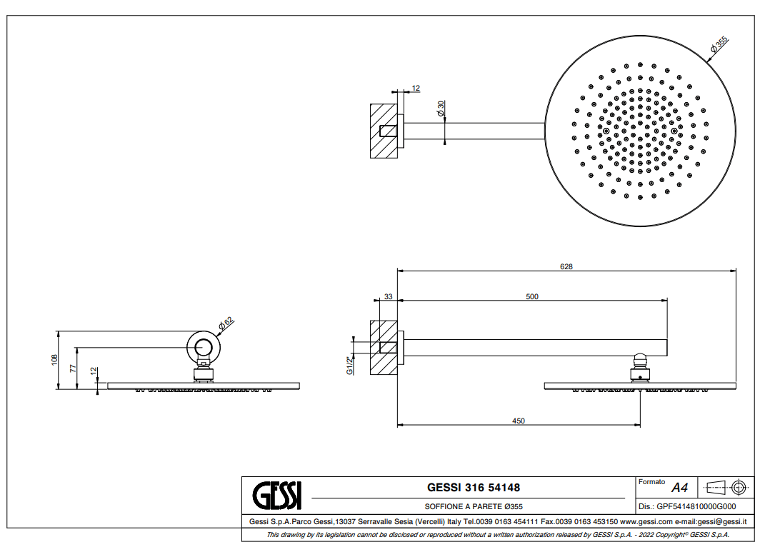 Gessi 316 hoofddouche 350 mm met wandbevestiging RVS