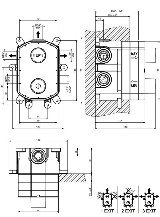 Gessi Emperio 3-weg inbouw + afbouwdeel douche thermostaatkraan, Warm Geborsteld Brons