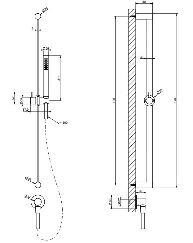 Gessi 316 Glijstang met antikalk-handdouche, 1,50 m flexibele slang en wateraansluiting gebosrsteld RVS