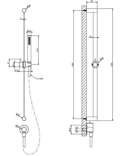 Gessi 316 Glijstang met antikalk-handdouche, 1,50 m flexibele slang en wateraansluiting gebosrsteld RVS