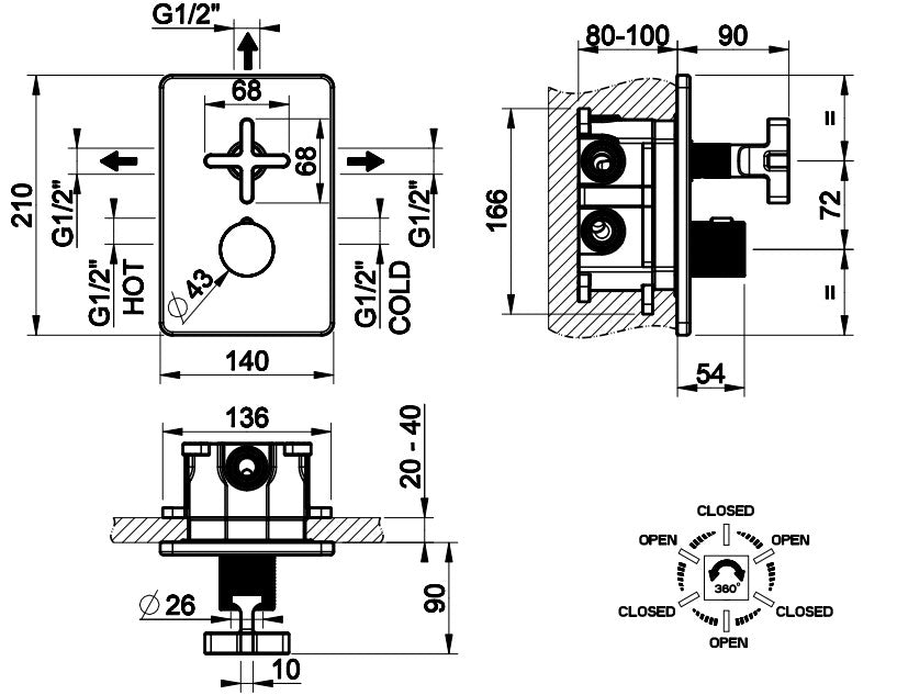 Gessi Incisso X design inbouw douchthermostaat afbouwdelen 3-weg, koper PVD