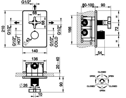 Gessi Incisso X design inbouw douchthermostaat afbouwdelen 3-weg, koper PVD