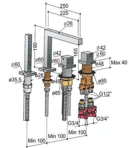 Hotbath Bloke Q063GN thermostatische 4-gats badrandkraan met uitloop en 2-weg omstel, geborsteld mat nikkel