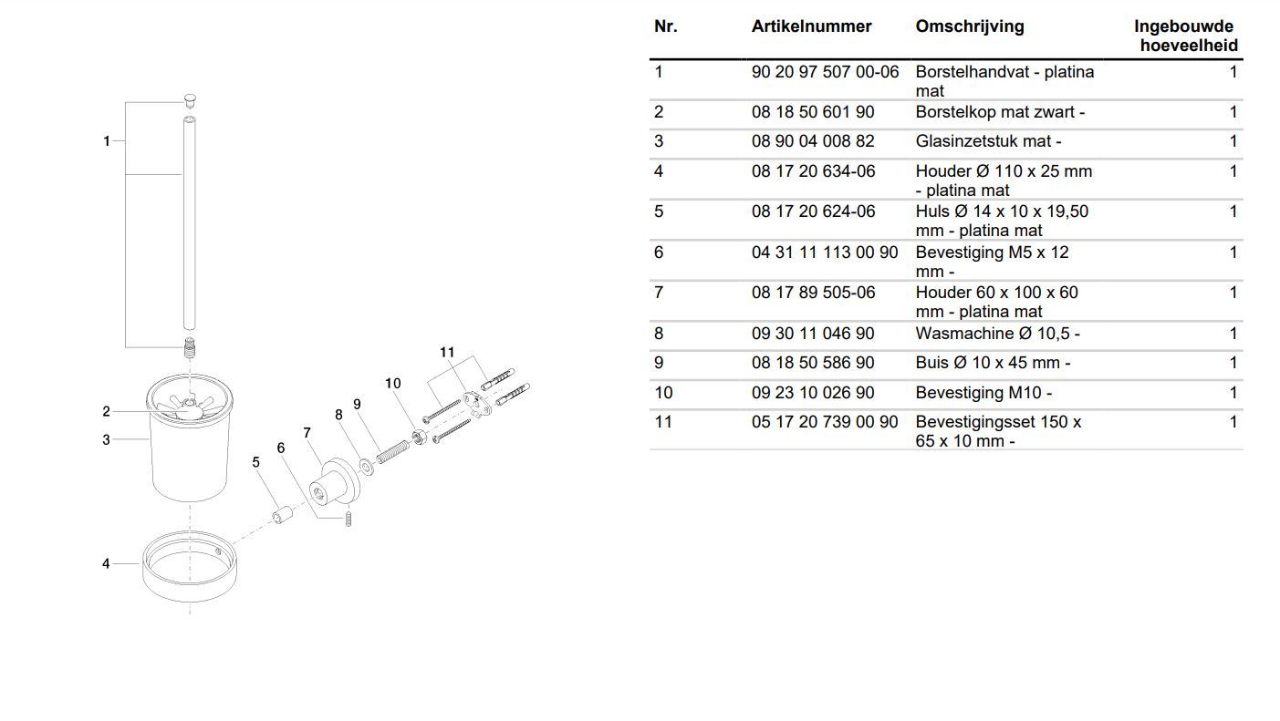 Dornbracht Tara WC-borstelgarnituur wandmodel glas van bergkristal platina mat