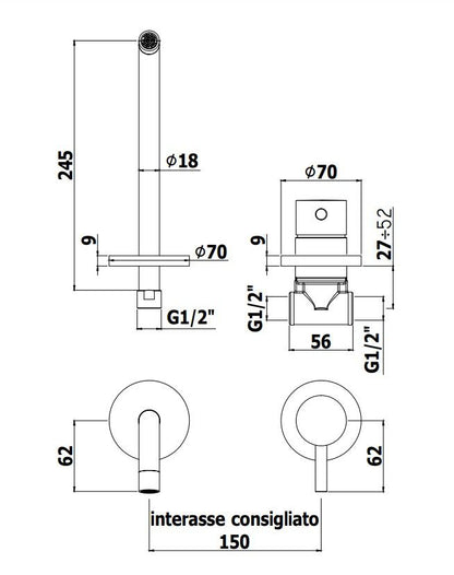 Paffoni Light design 2 gats wandmengkraan sprong 245 mm chroom