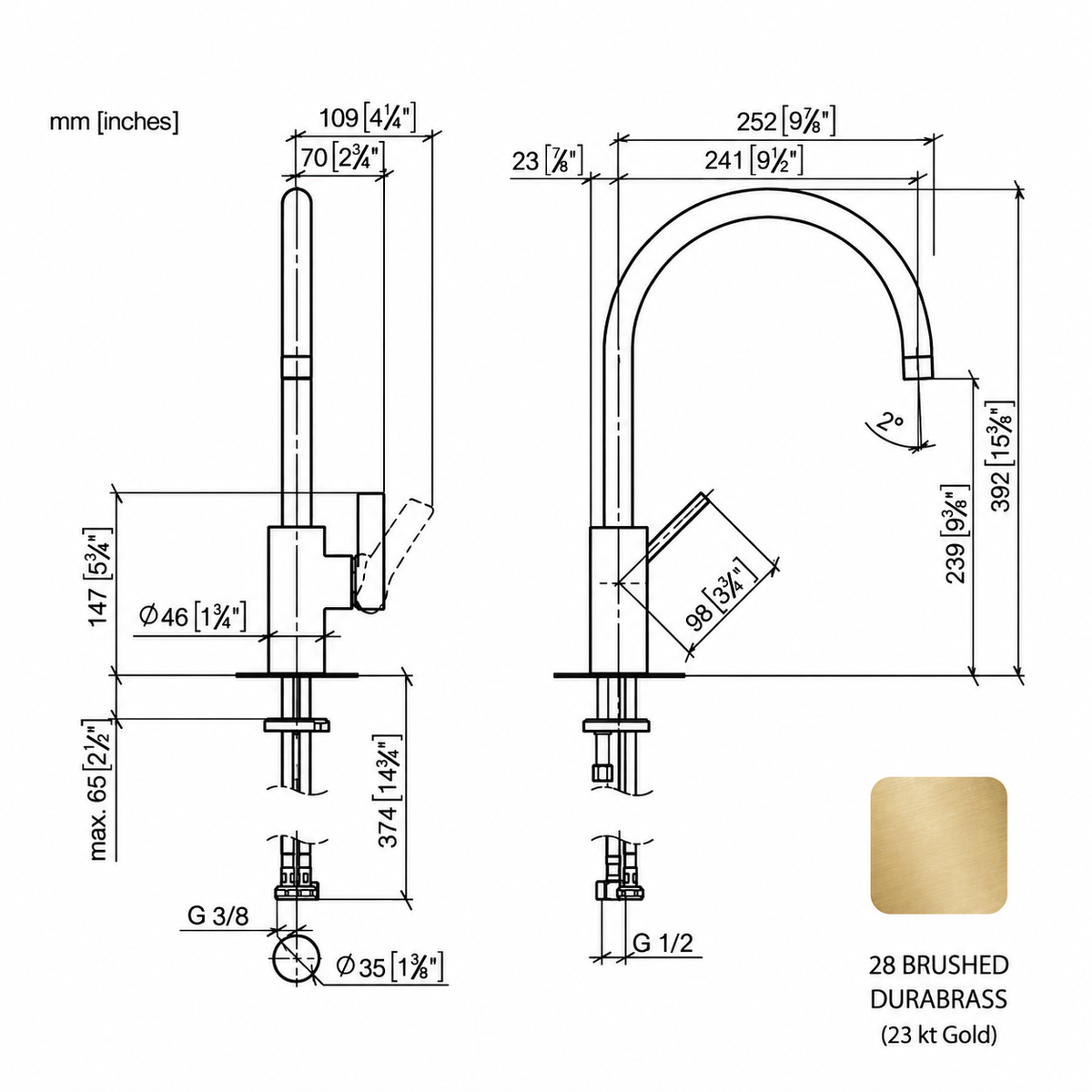 Dornbracht Tara Ultra ééngreeps keukenmengkraan met spoeldouche, geborstelde Durabrass 23Kt gouden afwerking