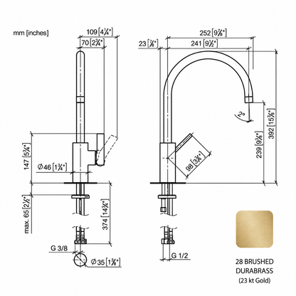 Dornbracht Tara Ultra ééngreeps keukenmengkraan met spoeldouche, geborstelde Durabrass 23Kt gouden afwerking