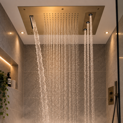 Hotbath Mate Temptation Spin plafond regendouche rechthoekig 630x480 drievoudige straal geborsteld koper PVD