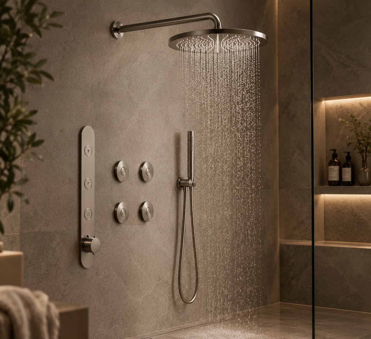 Hotbath Cobber complete inbouw Regendouche set met 3 Pushbuttons, 30 cm hoofddouche met wandbevestiging, Geborsteld nikkel