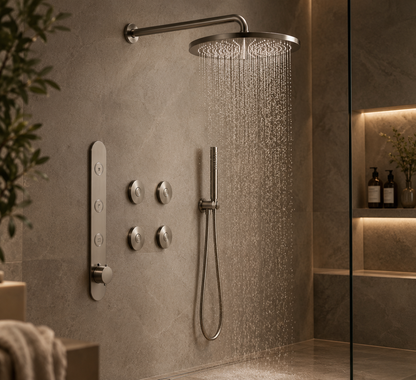 Hotbath Cobber complete inbouw Regendouche set met 3 Pushbuttons, 30 cm hoofddouche met wandbevestiging, Geborsteld nikkel