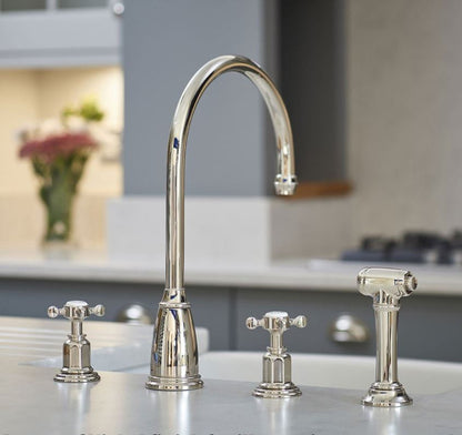Perrin & Rowe Athenian klassieke 4-gats keukenkraan met handdouche, chroom