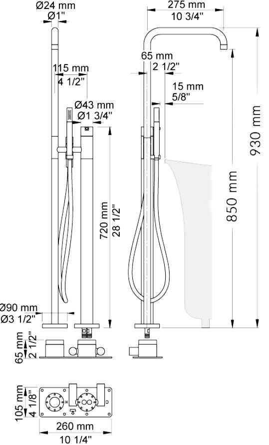 Vola FS1-40 vrijstaande design badmengkraan inclusief inbouwdeel RVS