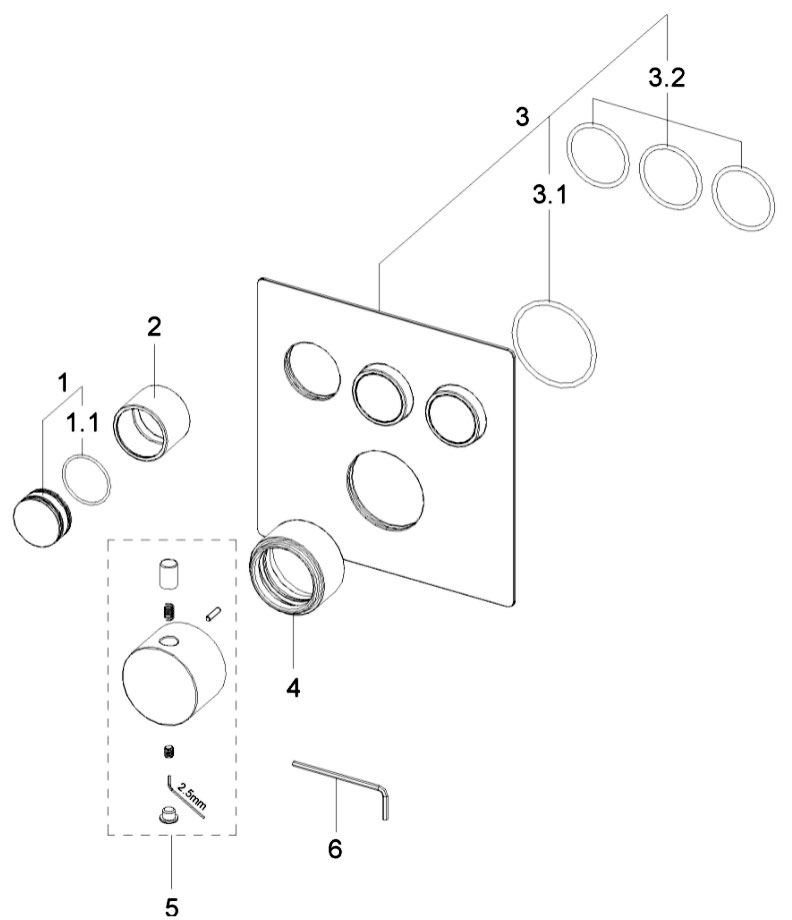 Wiesbaden Caral Klik afbouwdeel 3-weg thermostatisch staal