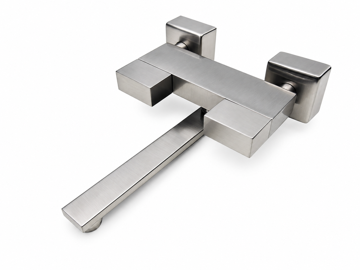 Daniel Twin vierkant design wandmengkraan met draaibaar uitloop (geborsteld nikkel)