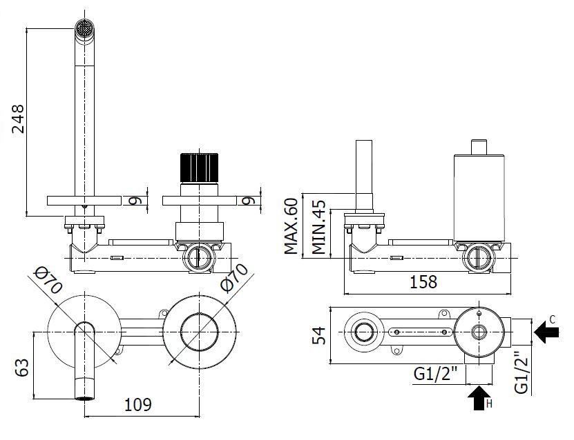 Paffoni JO 2-gats wastafelmengkraan incl. inbouwdeel met uitloop 248mm chroom