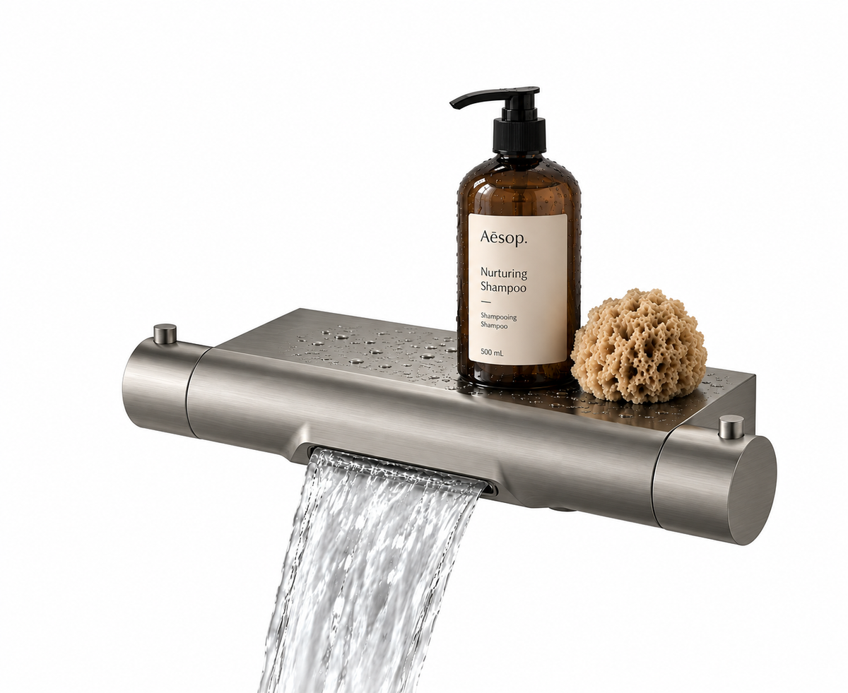 Regn thermostatisch badkraan met planchet en waterval geborsteld nikkel