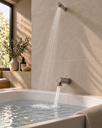 Supergrif D38 Exclusieve design inbouw bad en douche met vaste hoofddouche in geborsteld nikkel