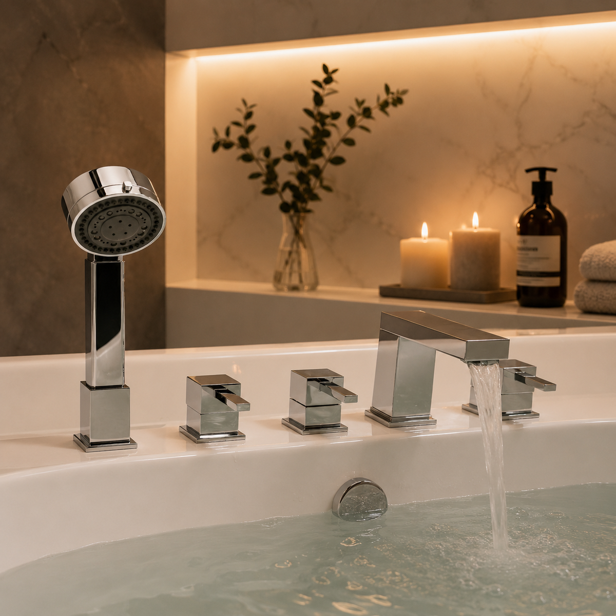Haceka 5 gats vierkant design badrandkraan combinatie met omstel en handdouche set chroom (outlet artikel)