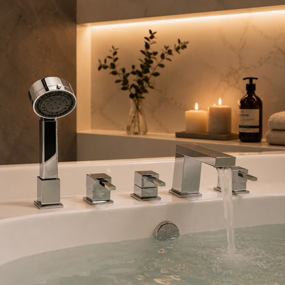 Haceka 5 gats vierkant design badrandkraan combinatie met omstel en handdouche set chroom (outlet artikel)