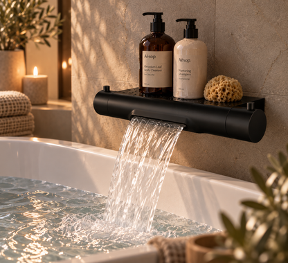 Regn thermostatisch badkraan met waterval en planchet mat zwart