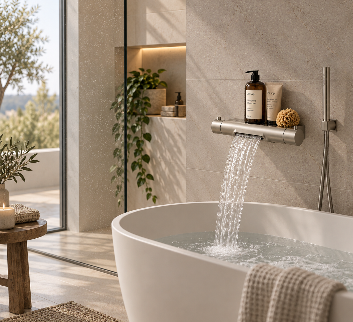 Regn thermostatisch badkraan met planchet en waterval geborsteld nikkel