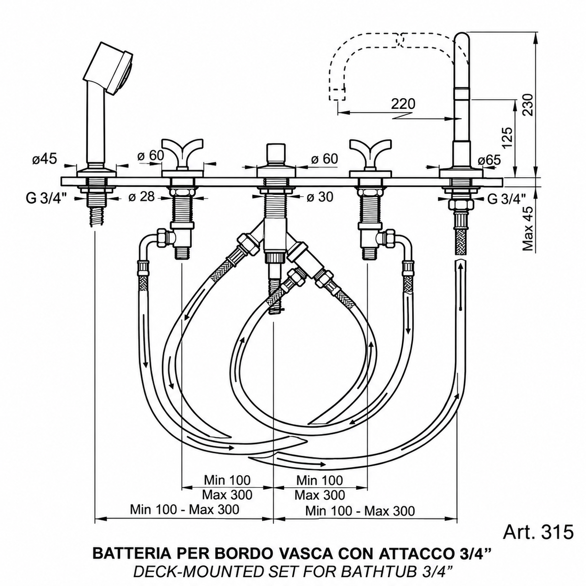 Ponsi Pegaso 5-gats Italiaans design badrandmengkraan met omstelling en handdoucheset – Chroom