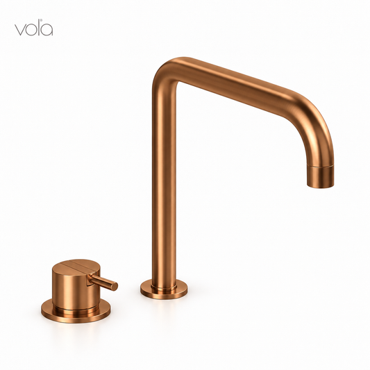 Vola Monoknop mengkraan 2500 met dubbel draaibare uitloop 090D, sprong 200 mm geborsteld koper