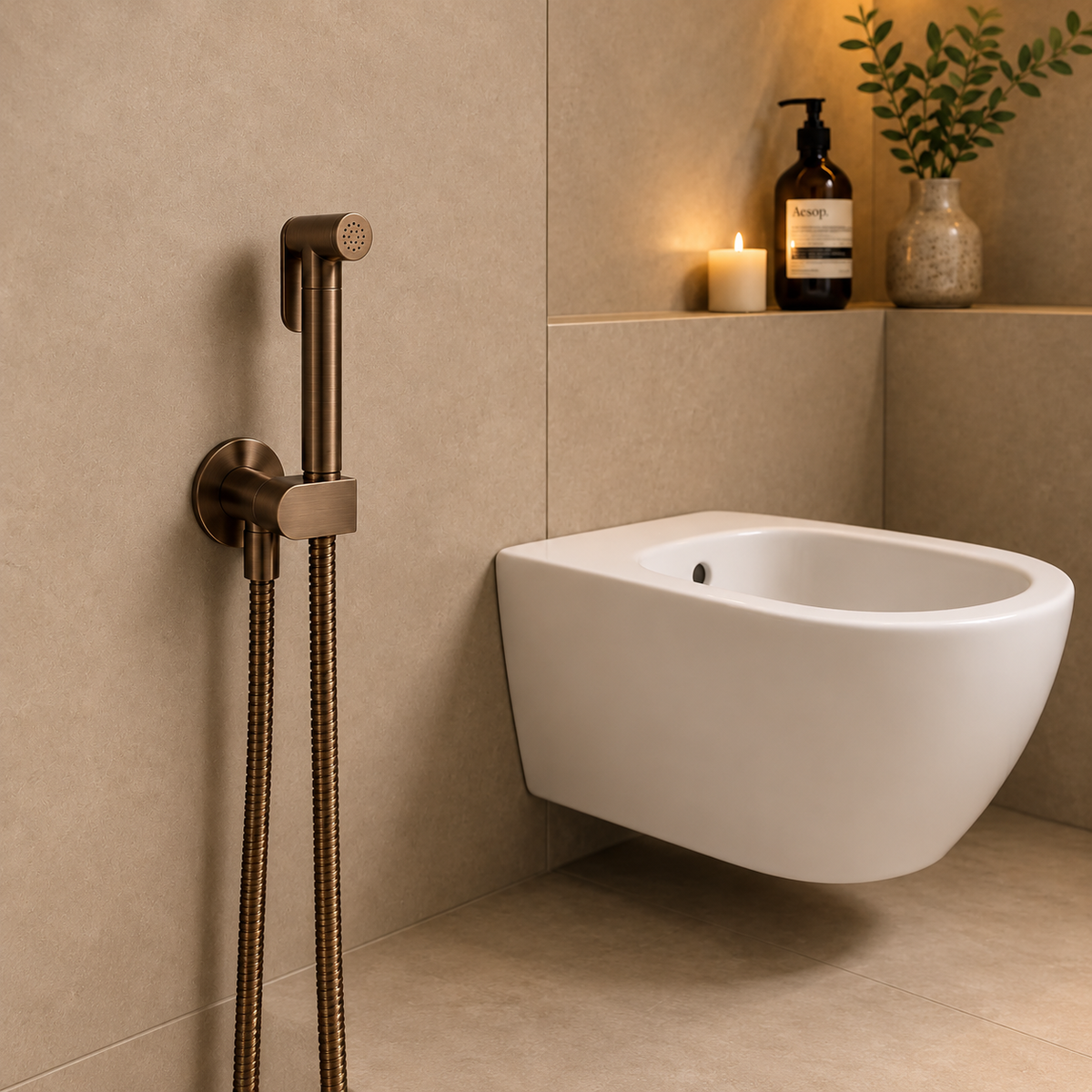 Gessi Tondo bidetdouche met drukknop, afsluitfunctie, veiligheidsventiel en 1/2" aansluiting, in geborsteld koper PVD