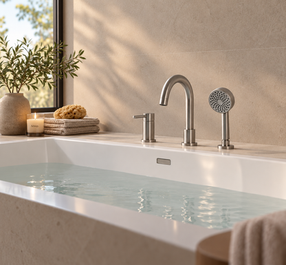 Gessi Font, Via Tortana 3-gats design badrandmengkraan combinatie met omstel en handdoucheset, RVS