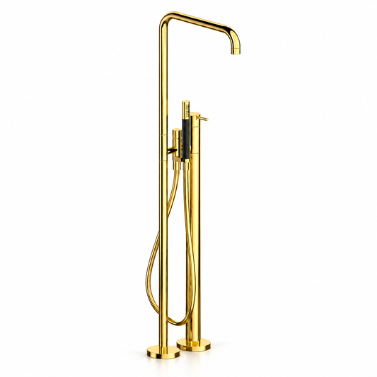 Vola FS1AP-65 vrijstaande design badmengkraan met handdouche in kleur goud met PVD bewerking