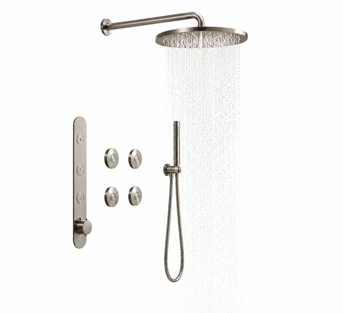 Hotbath Cobber complete inbouw Regendouche set met 3 Pushbuttons, 30 cm hoofddouche met wandbevestiging, Geborsteld nikkel