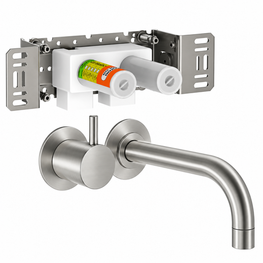 Vola 2-gats fonteinkraan wandmodel vaste uitloop, sprong 160 mm RVS, inclusief inbouwdeel 900 (alleen koud water)