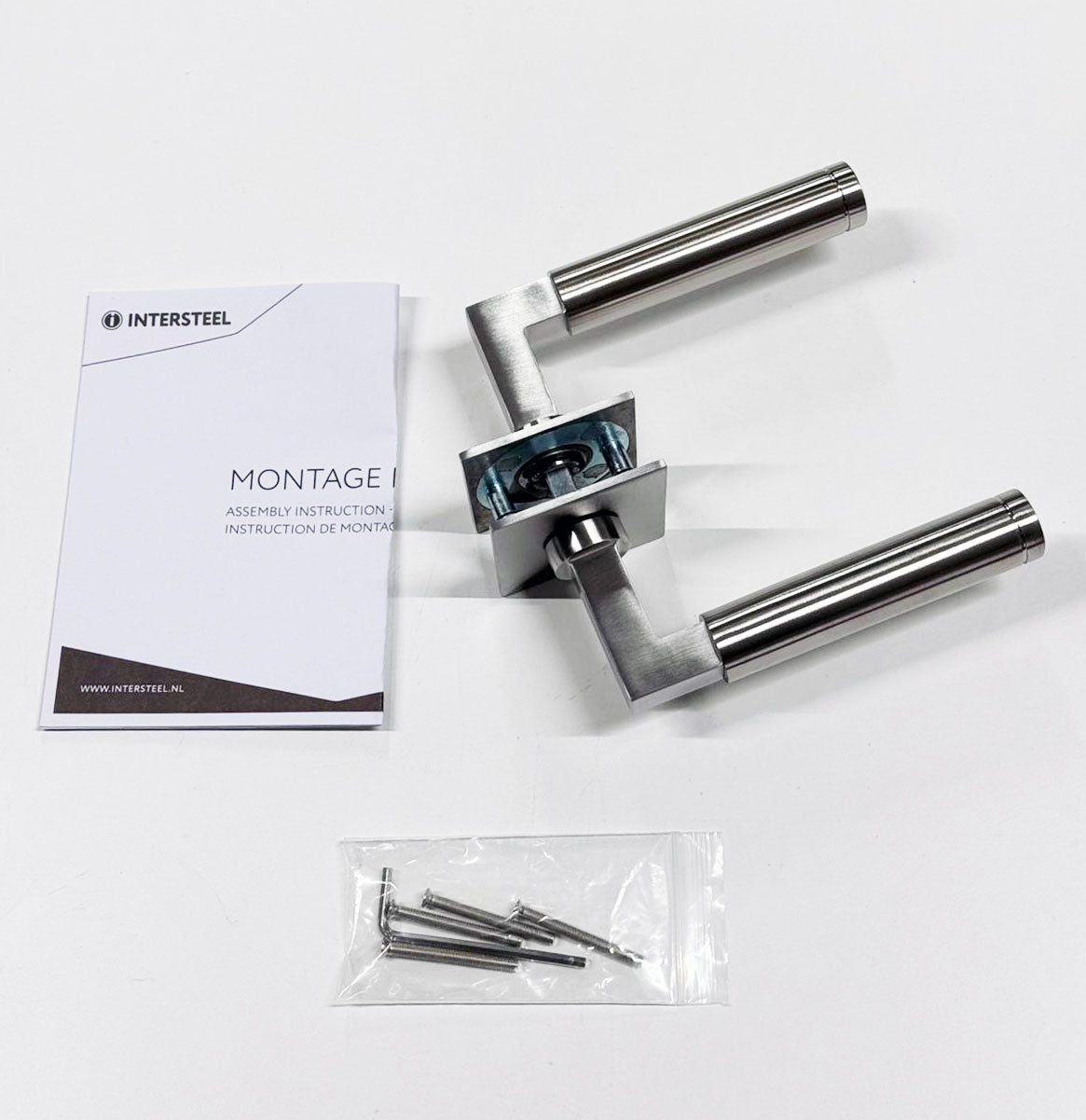 9 sets Intersteel Baustil deurkrukken op vierkant magneet rozet verdekt, RVS