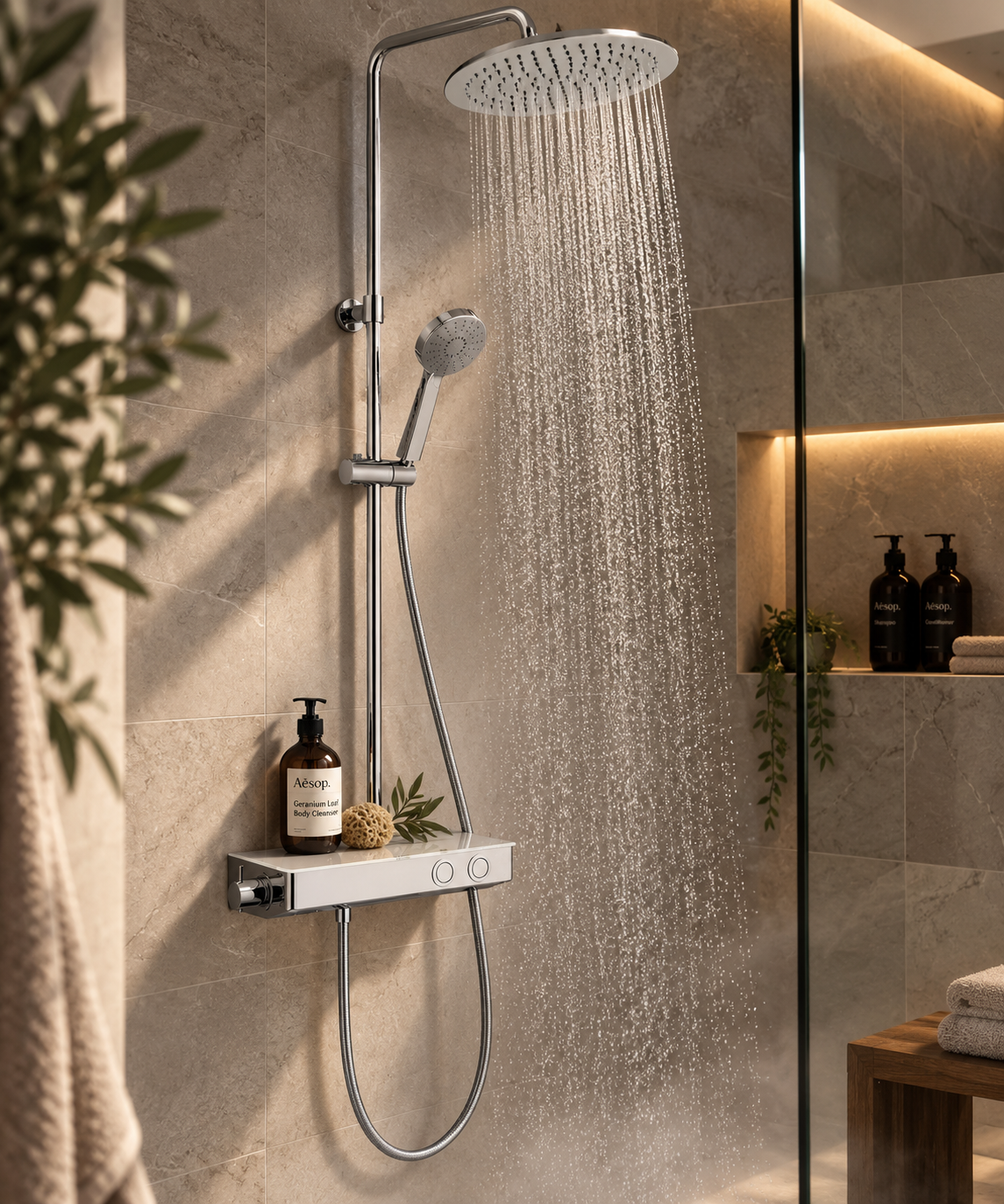 Huber Italia Contenital Push douchesysteem met thermostaat en planchet – chroom/wit