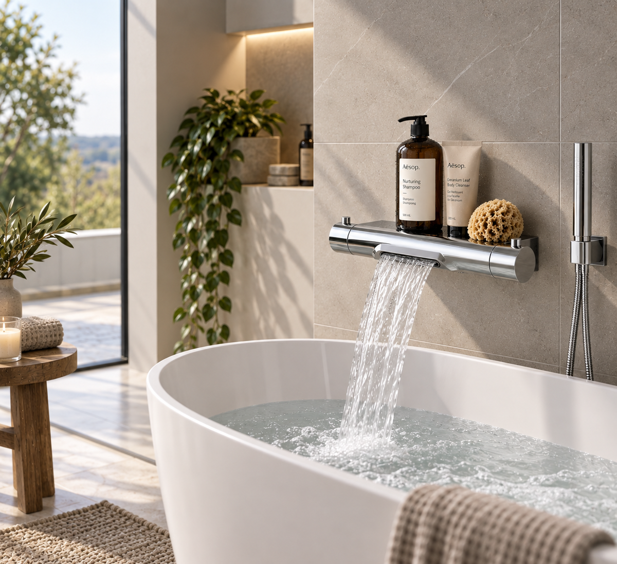 Regn thermostatisch badkraan met planchet en waterval chroom